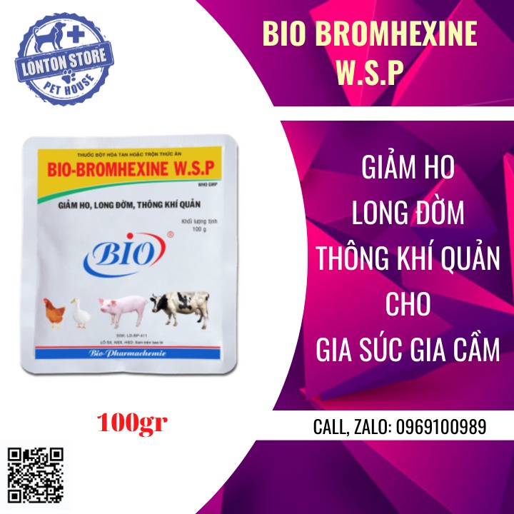 BIO BROMHEXINE Giảm Ho, Long Đờm, Thông Khí Quản Hỗ Trợ Hô Hấp Cho Vật Nuôi 100g - Lonton store