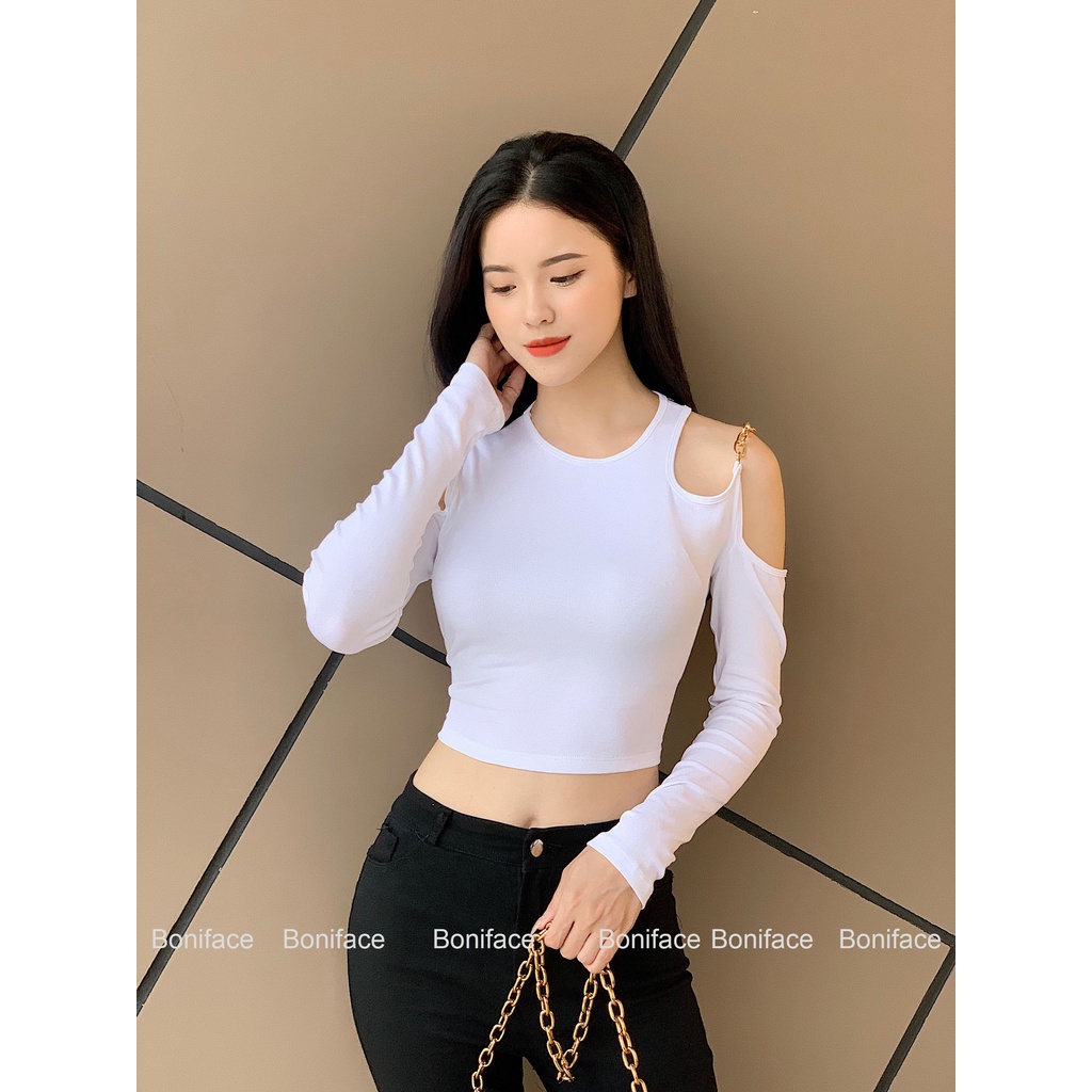 Áo croptop nữ tay dài hở vai Boniface Áo croptop hở vai kèm dây xích | BigBuy360 - bigbuy360.vn
