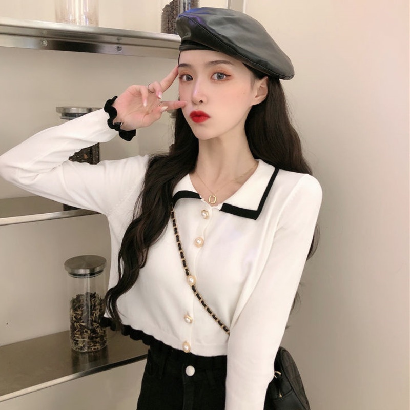 Áo Dệt Kim Tay Dài Cổ Búp Bê Xinh Xắn Thời Trang Cho Nữ