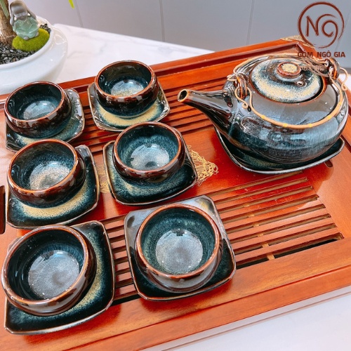 Bộ ấm trà đạo Giang Tây 3 Chân Men Hỏa Biến gốm sứ Bát Tràng, bộ ấm chén uống trà TTG12