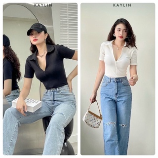 Áo croptop chất thun gân cổ v khoá kéo