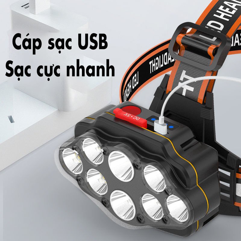 Đèn Pin Siêu Sáng Đèn Pin Đội Đầu 8 Bóng Led Chiếu Xa Kèm Dây Sạc Moda.H