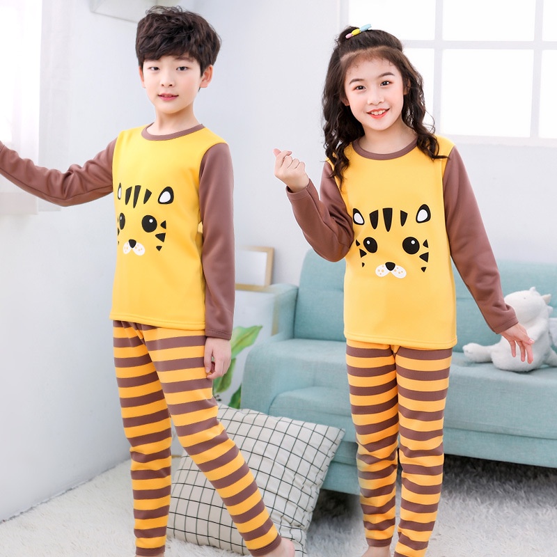 Đồ ngủ tay dài lót nhung sưởi ấm phong cách thu đông Hàn cho trẻ 100-170cm