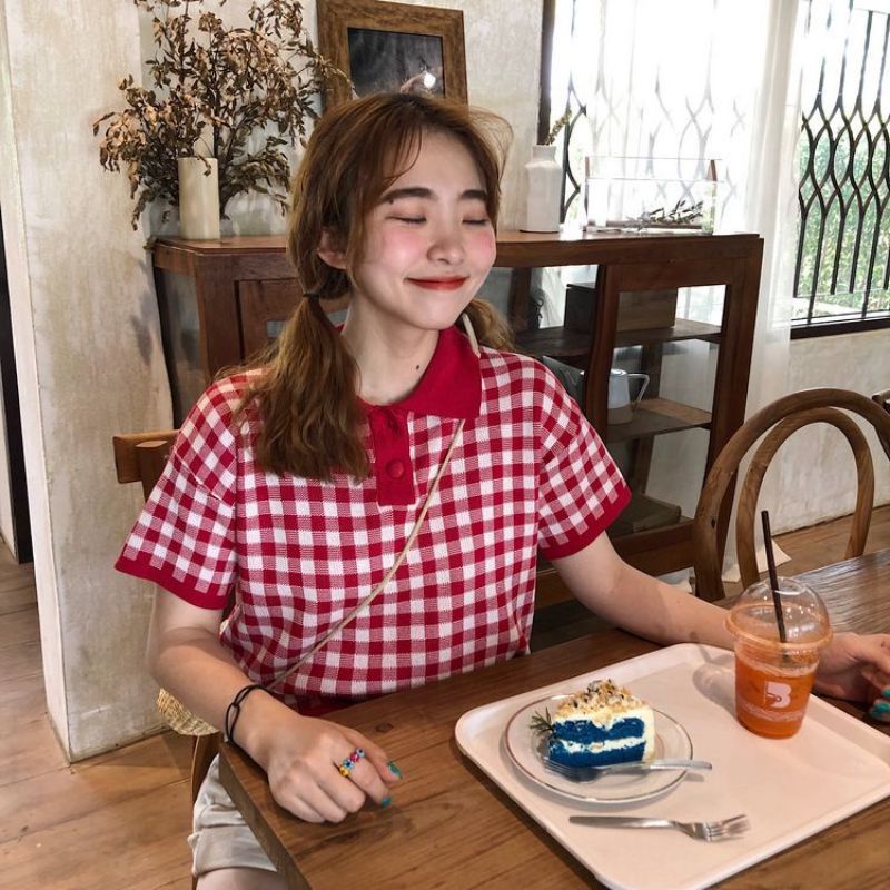 Áo Thun Nữ Sọc Caro Tay Ngắn Cute