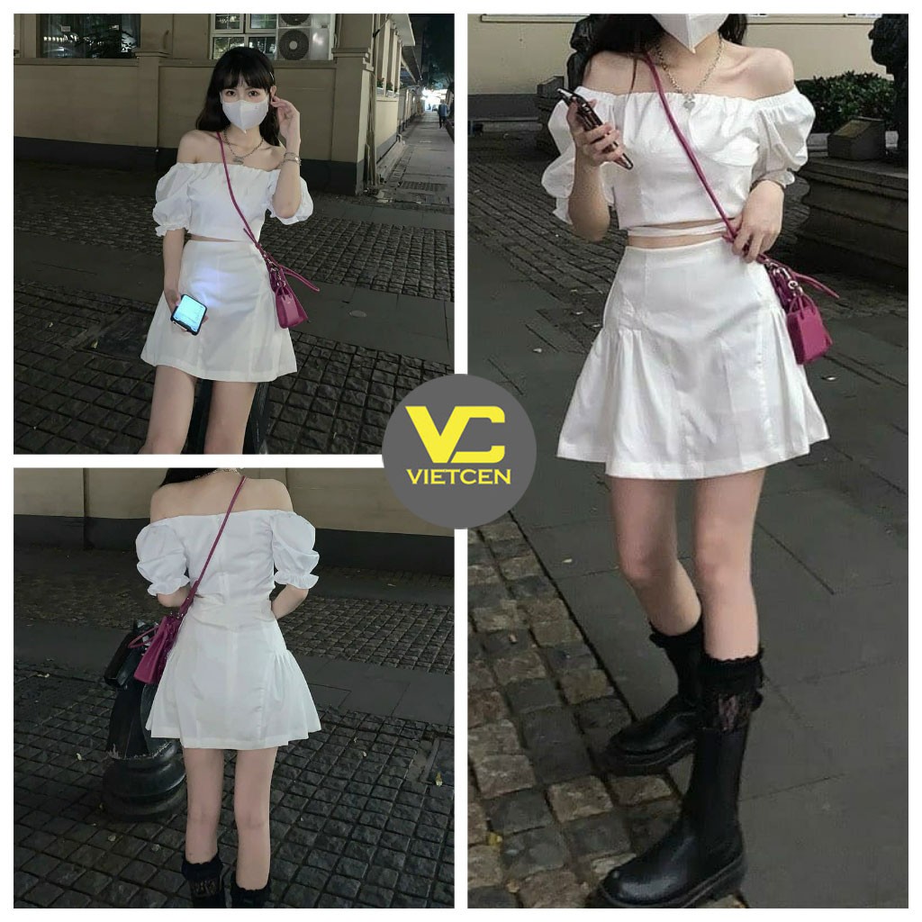 Set áo trễ vai croptop dây eo và chân váy màu trắng  chất Umi mịn đẹp  - VIETCEN