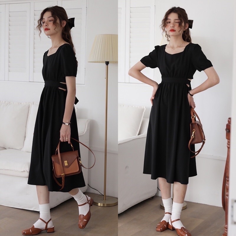 Đầm maxi dáng dài xẻ eo cổ vuông thắt nơ sau,Váy dài tay bồng hở eo bánh bèo (TTA139)