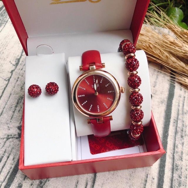 Đồng hồ nữ Burgi BUR241 Crystal Bracelet Earring Jewelry Leather Watch Box Gift Set - Màu Đỏ