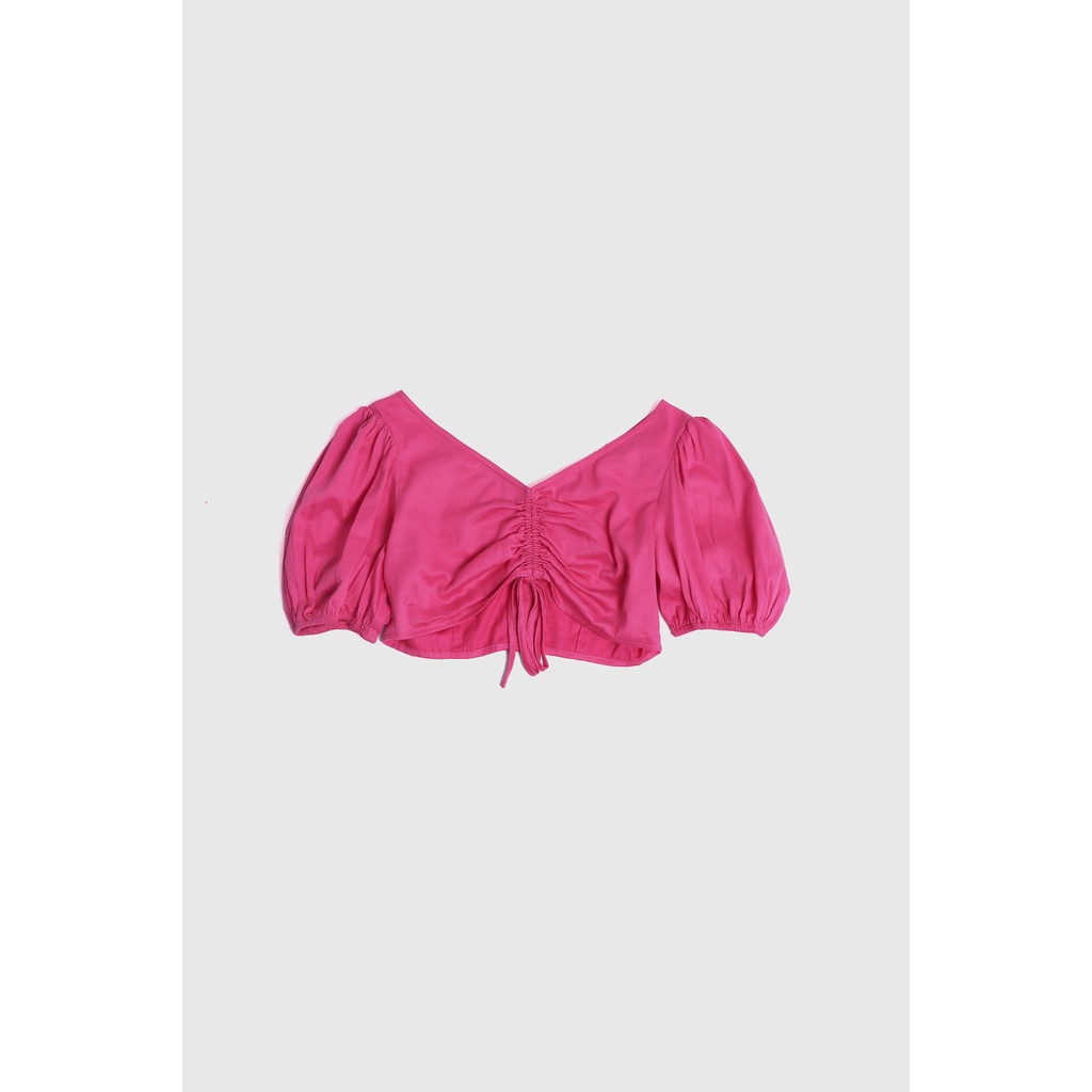 Áo Maybi croptop ôm lụa hồng phối rút nhún tay phồng ngắn