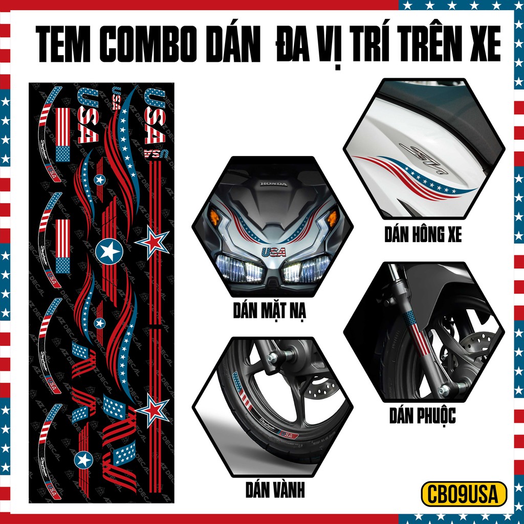 Tem Dán Xe Đa Vị Trí Chủ Đề USA 01 | CB09USA | Chất Liệu PVC 5 Lớp Dán Cho Mọi Dòng Xe
