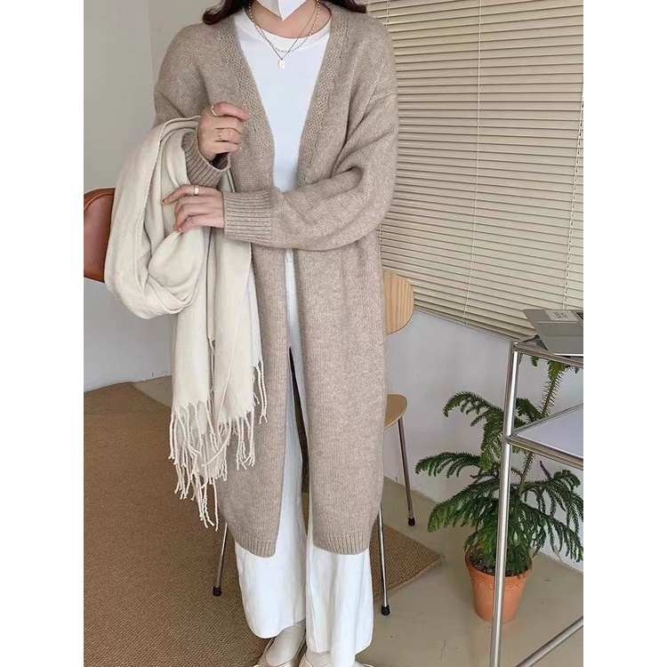 [Spot] Áo Khoác cardigan Dệt Kim Mỏng Dài Qua Gối Cổ Chữ V Đơn Giản Phong Cách Hàn Quốc Thời Trang Dành Cho Nữ
