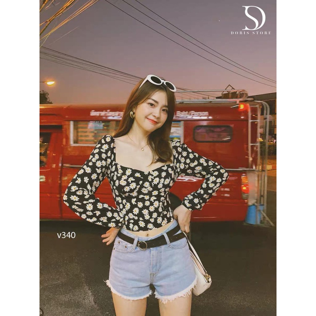 Áo croptop hoa cúc dài tay (sẵn hàng ảnh thật)