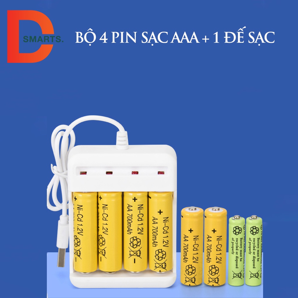 Bộ pin sạc AAA, AA và 1 đế sạc 4 cổng an toàn tiết kiệm bảo vệ môi trường