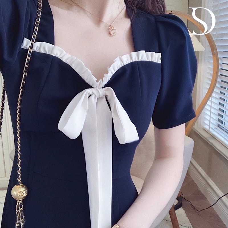 Đầm váy xanh đen phối trắng