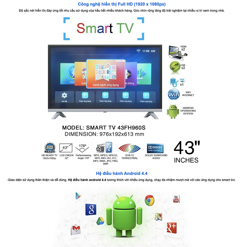 Smart Tivi Led Darling 43 inch Full HD 43FH960S  Internet, Wifi, DVB-T2, Tivi Giá Rẻ - Hàng Chính Hãng