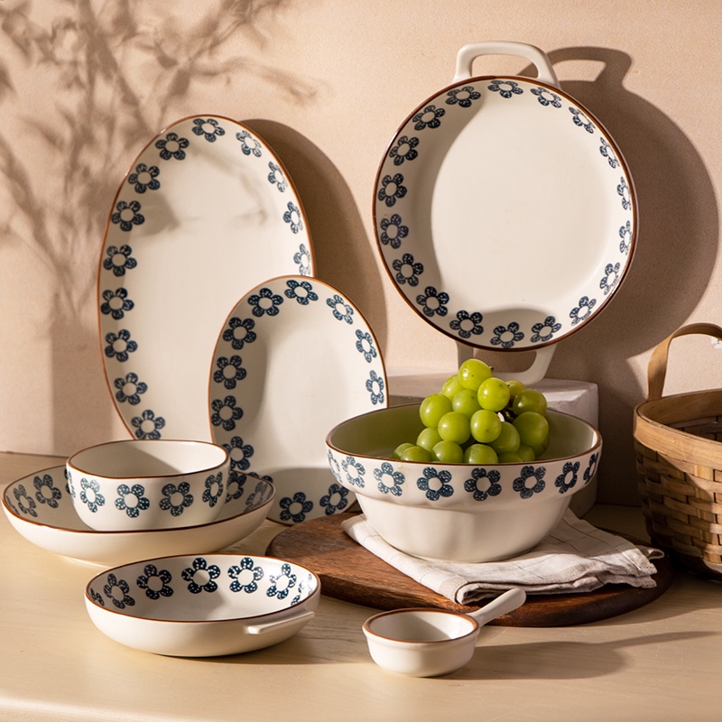Banfang Bộ Chén Đĩa Gốm Sứ Hình Hoa Retro Nhật Bản Cho Bàn Ăn Cơm Gia Đình