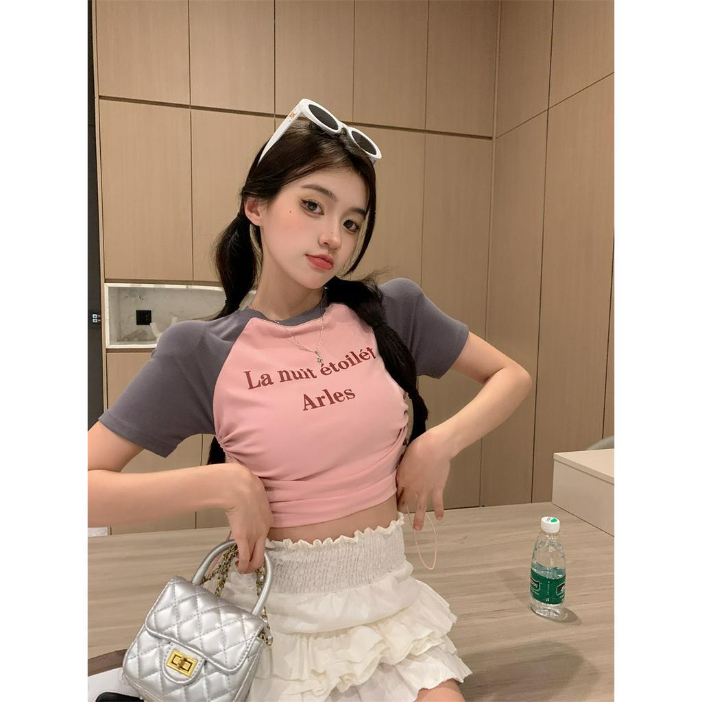 「 WELOVE1 」Áo Thun Tay Ngắn In Chữ Phối Dây Rút Nhiều Màu Sắc Tương Phản Phong Cách Mỹ Thời Trang Mùa Hè Cho Nữ