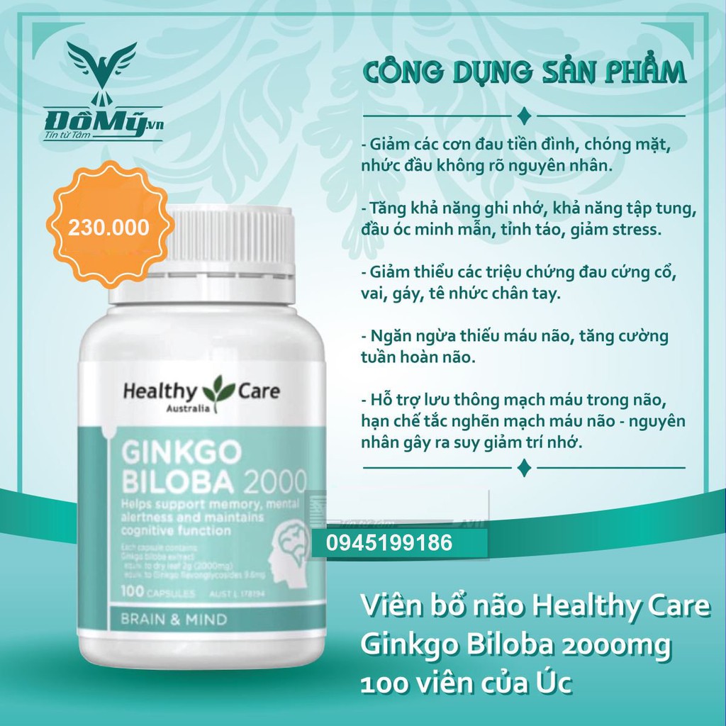 Viên uống bổ não Healthy Care Ginkgo Biloba 2000mg 100 Viên