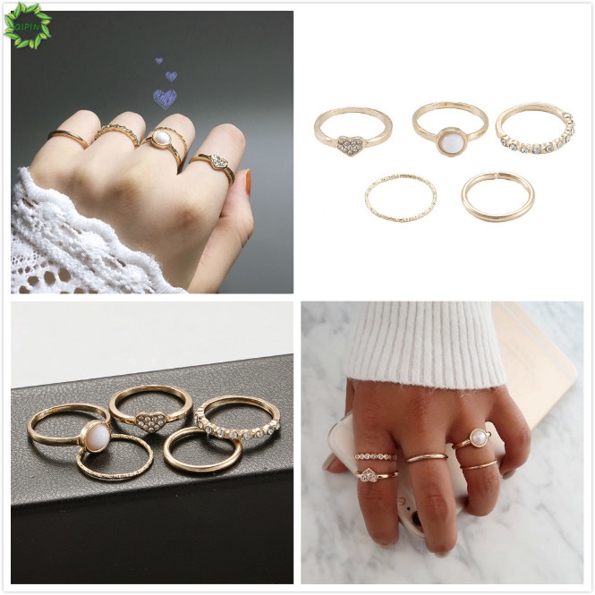 Cod Qipin Korean Simple 5Pcs Trend Gold Pearl Heart Combination Joint Finger Knuckle Ring for Female