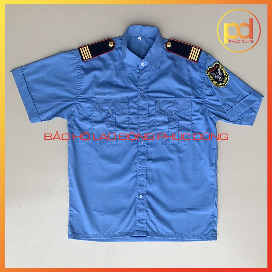 Combo Áo Đồng Phục Bảo Vệ Xanh Biển Ngắn Tay Đi Kèm Cầu Vai Gạch Đồng nền xanh đen sang trọng chuyên nghiệp