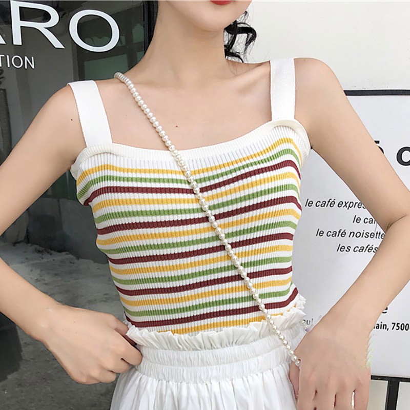 [Baywellfashion]Áo hai dây dệt kim phối họa tiết sọc ngang trẻ trung dành cho nữ