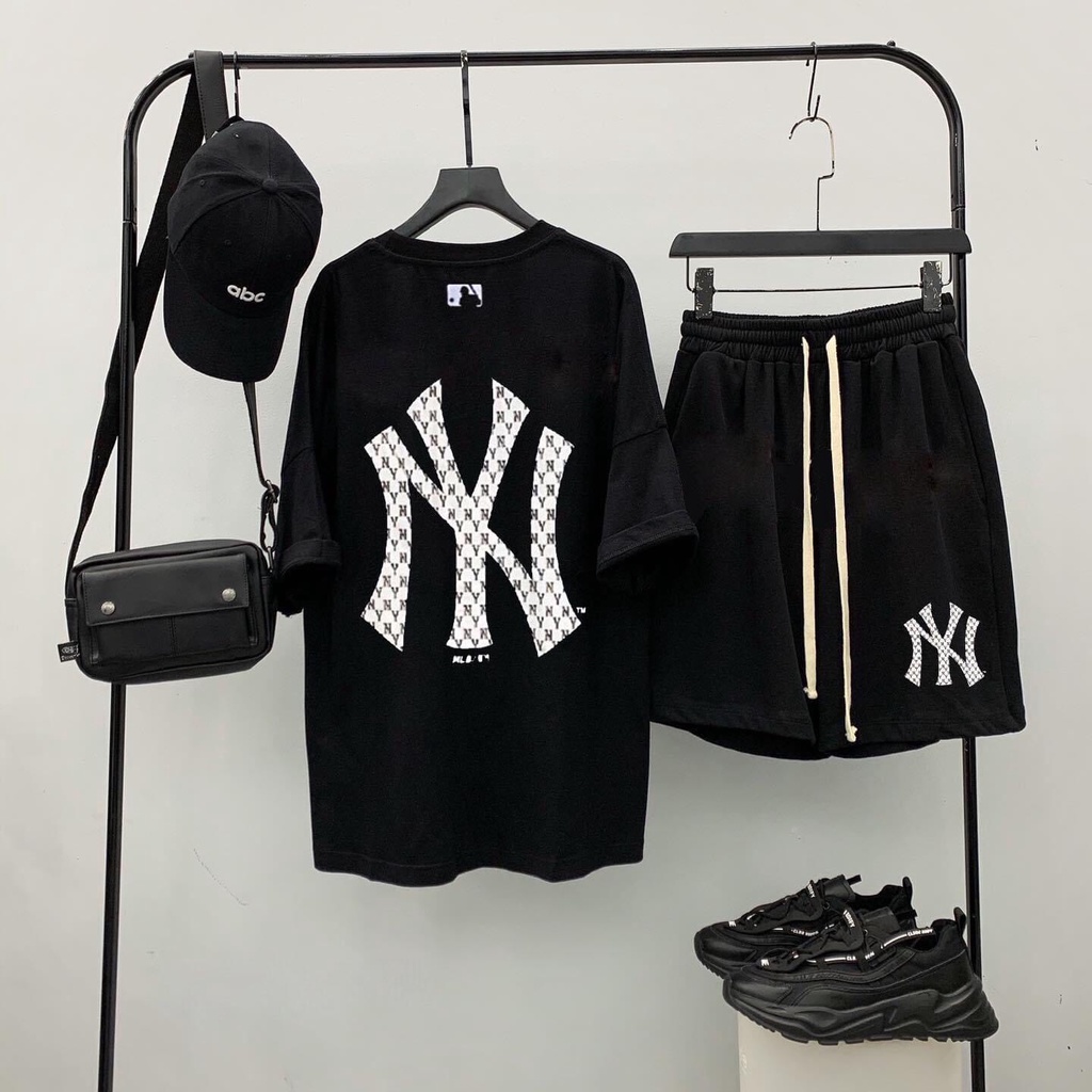 combo quần ML B NY unisex đen, áo form rộng ML B NY nam nữ chất liệu cotton