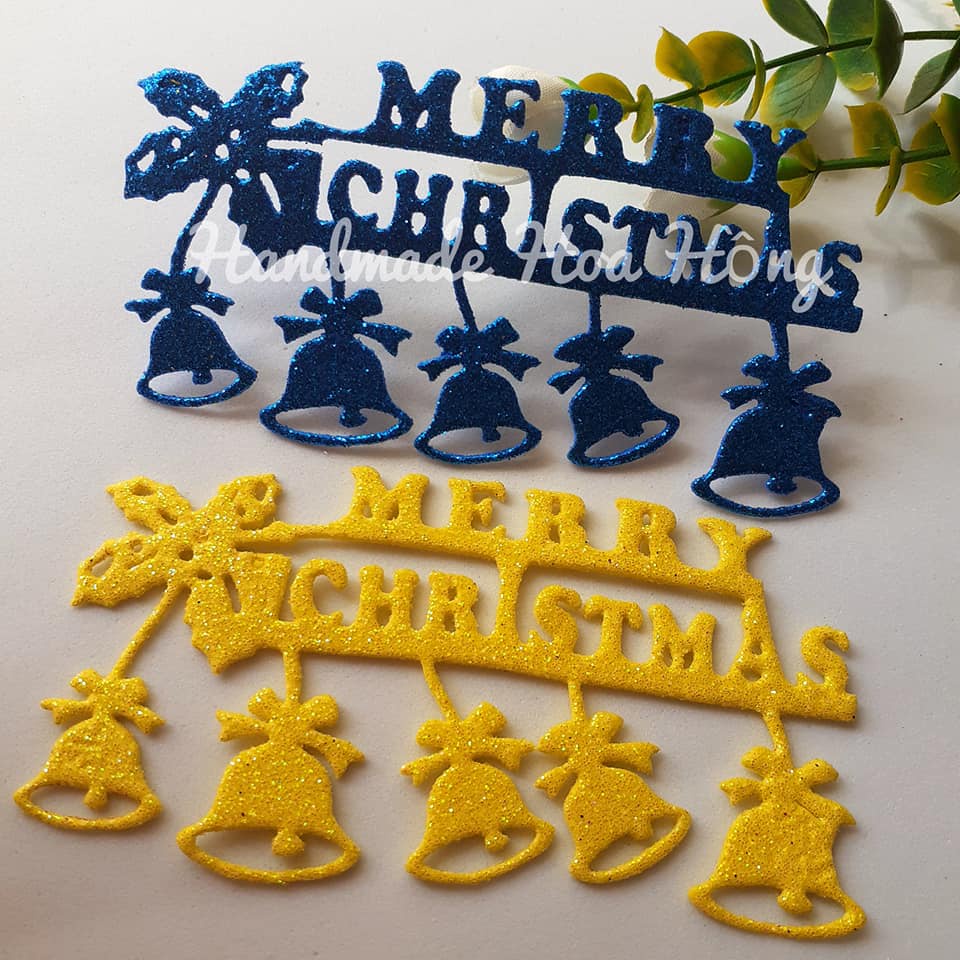 4 set trang trí thiệp giáng sinh có chữ Merry Christmas và dây chuông, 10 x 5cm, bằng giấy xốp kim tuyến / xốp nhũ