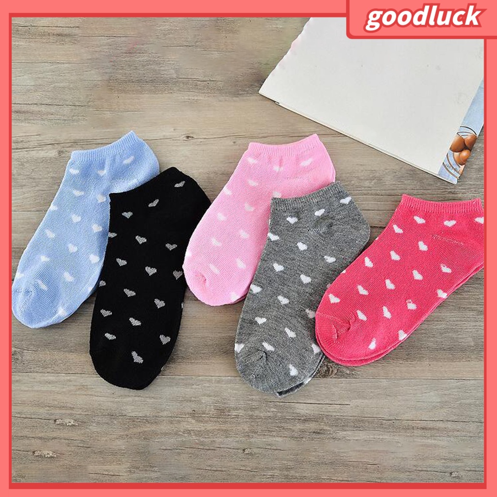 Set 5 Đôi Tất Cotton Ngắn Hoạ Tiết Trái Tim Xinh Xắn Cho Nữ
