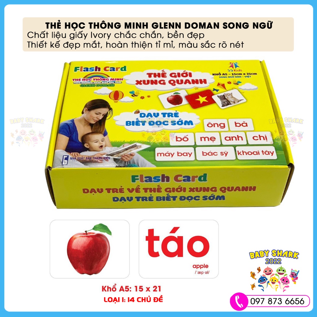 Thẻ học thông minh cho bé theo phương pháp GLENN DOMAN, thẻ học cho bé loại to cứng 16 chủ đề