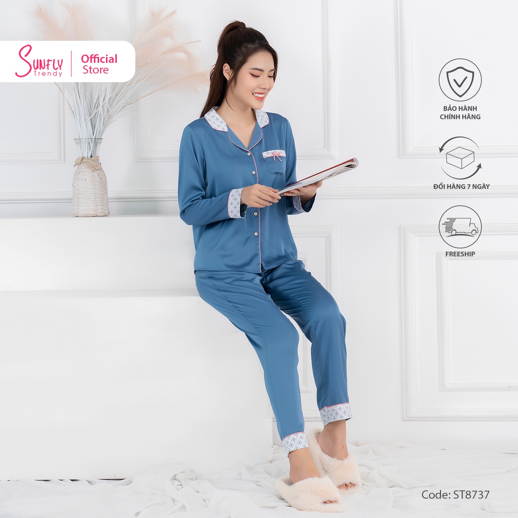 Bộ đồ mặc nhà nữ pijamas lụa SUNFLY áo dài quần dài ST8737