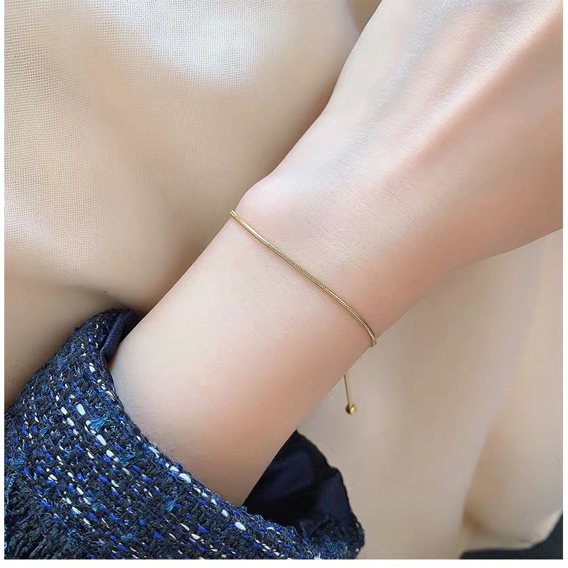 Dây chuyền bằng thép titan mạ vàng hồng 18K họa tiết xương rắn phối hạt tròn phong cách cổ điển đơn giản có thể thu gọn