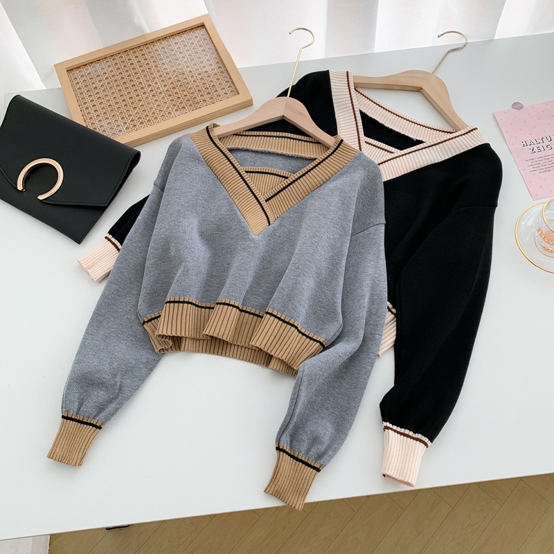 Áo cổ chữ V phối màu tương phản kiểu dáng thời trang phong cách retro