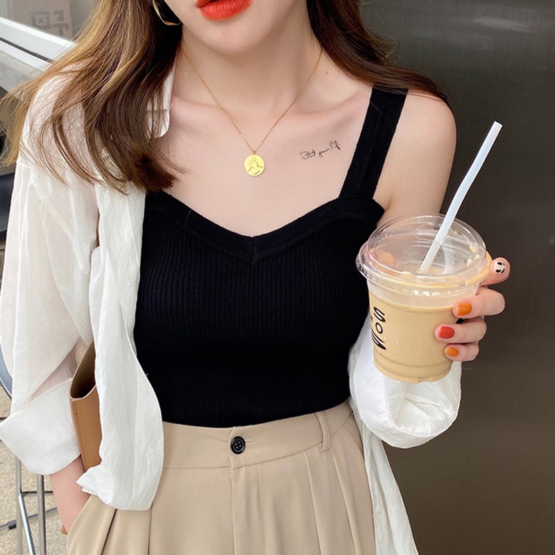 Áo Dệt Kim Sát Nách Cổ Chữ V Màu Trơn Phong Cách Hàn Quốc Thời Trang Mùa Hè Cho Nữ