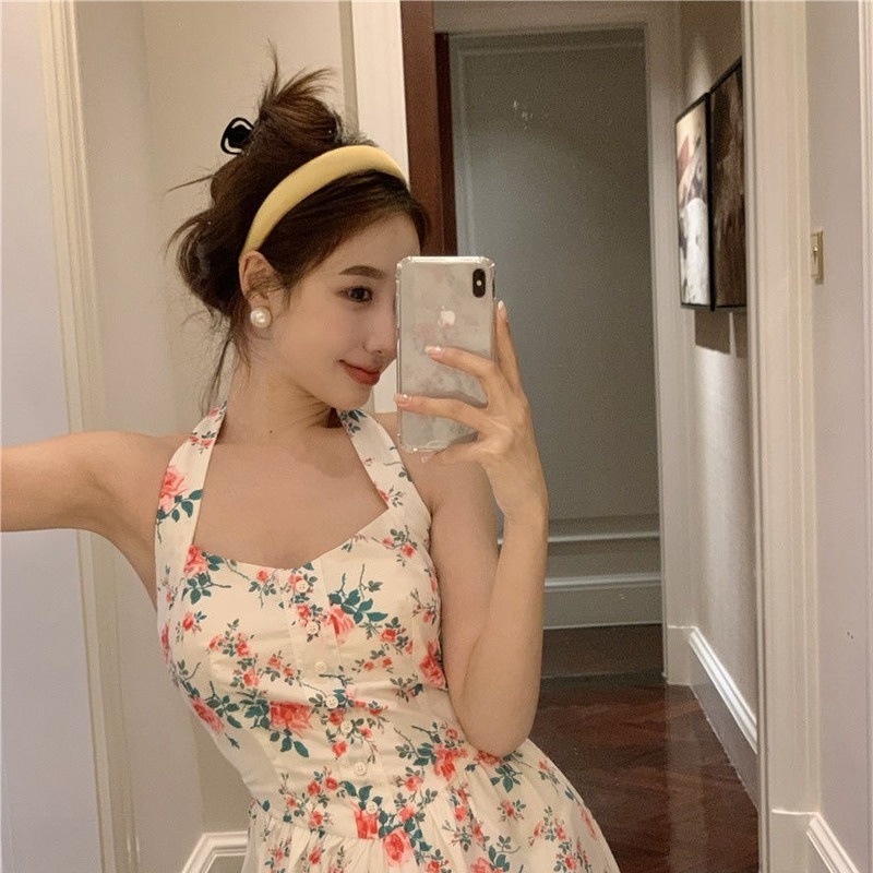 Đầm Dài Cổ Yếm In Hoa Kiểu Pháp Thời Trang Mùa Hè Quyến Rũ Cho Nữ