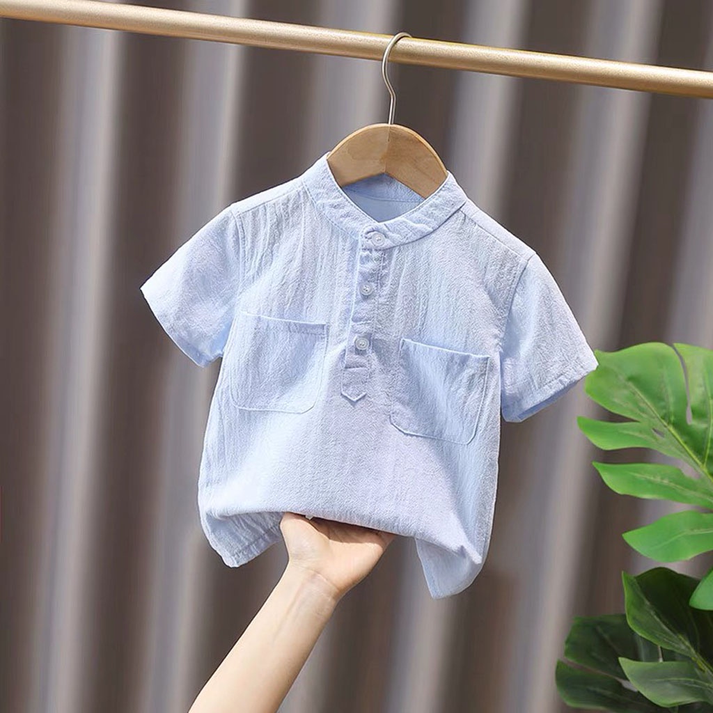 Áo Cộc tay Bé Trai 2 Túi, Áo Sơ Mi Chất Đũi Xước Cao Cấp Cho Bé Từ 7-28kg - ROSY KIDS