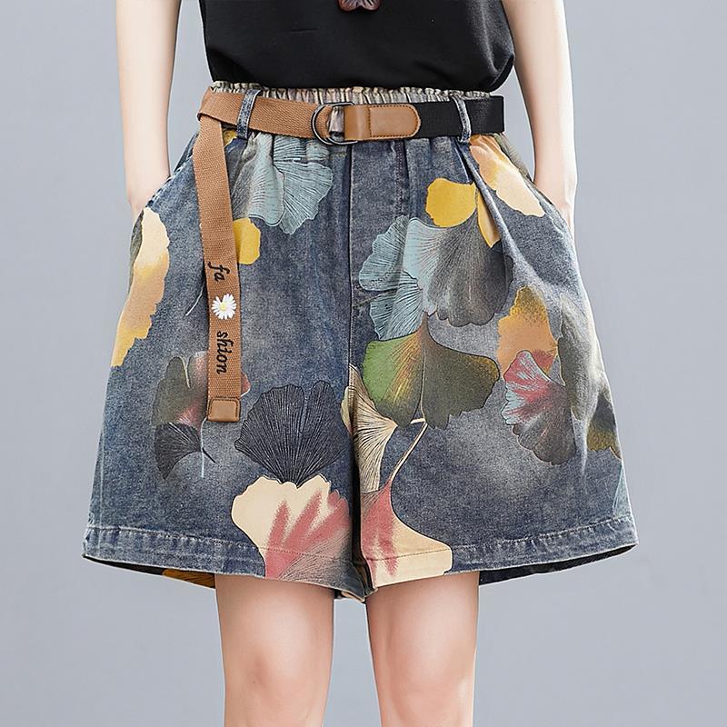 Quần Short Denim Ống Rộng Lưng Thun Co Giãn In Họa Tiết Retro Có Size Lớn Thời Trang Mùa Hè Mới Cho Nữ