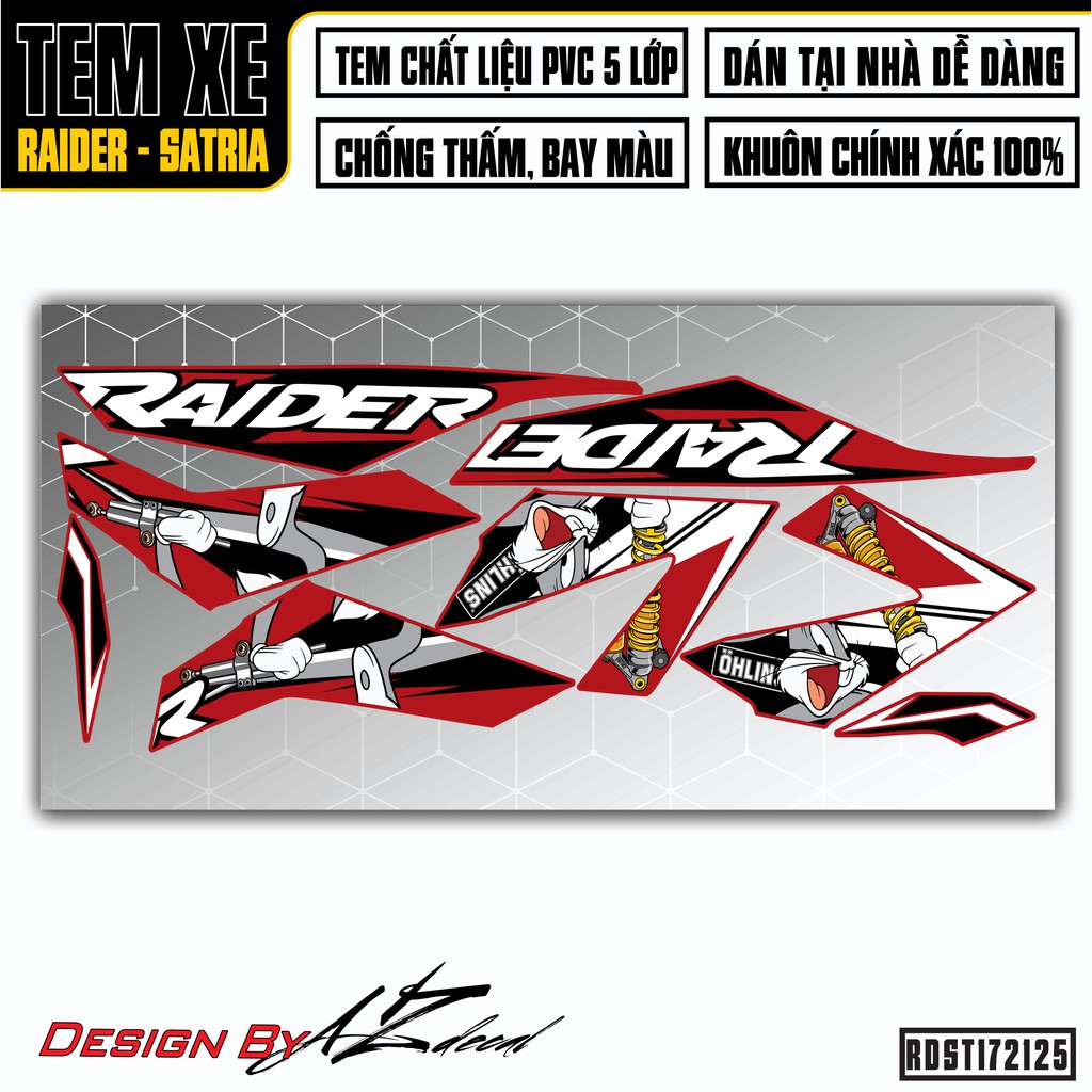 Tem Xe Suzuki Raider - Satria Mẫu Rabbit Ohlins | RDST172125 | Chất Liệu Decal Chống Nước, Màu Xanh, Đỏ