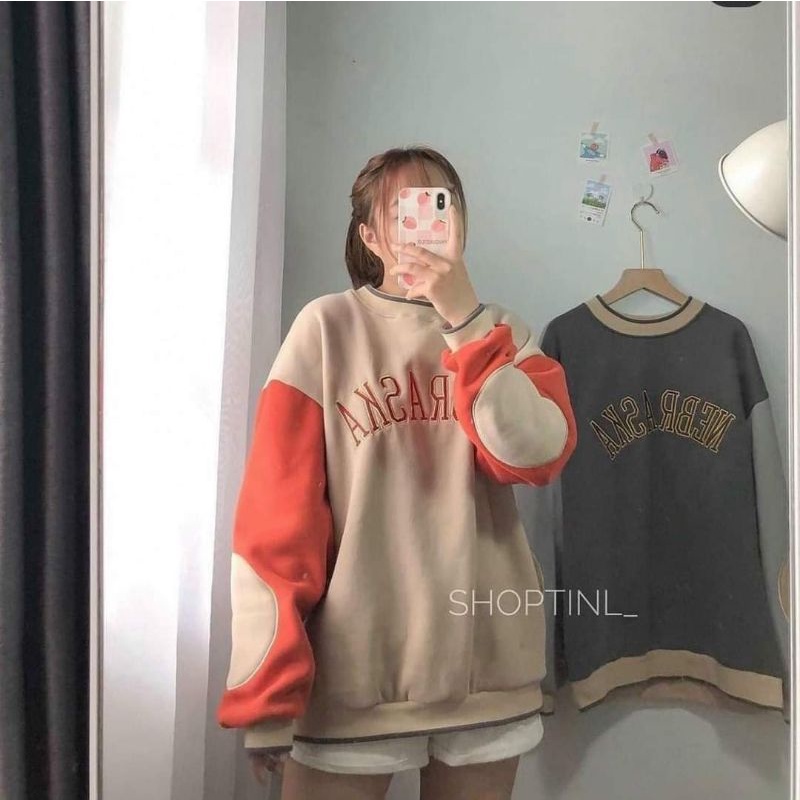 Áo sweater nỉ cổ tròn chữ Nebras tay phối độc lạ cực đỉnh.2009TEEN