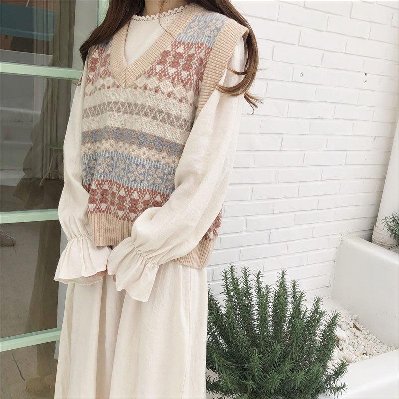 Áo Len Không Tay Cổ Chữ V Phong Cách Vintage Hàn Quốc