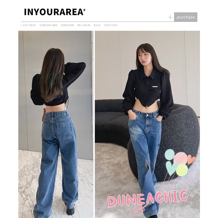 DUNEA Quần Jean Ống Rộng Phối Rách Cá Tính Dành Cho Nữ