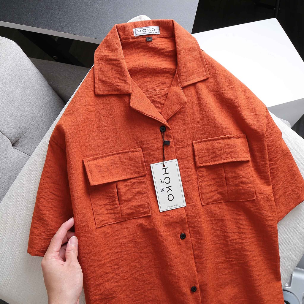 Áo sơ mi Nam Nữ  🔅FULL SIZE🔅 Áo sơ mi đũi trơn cộc tay 2 túi ngực 4 màu trắng, đen, cam, bee Size M-L-XL-XXL 45-75kg