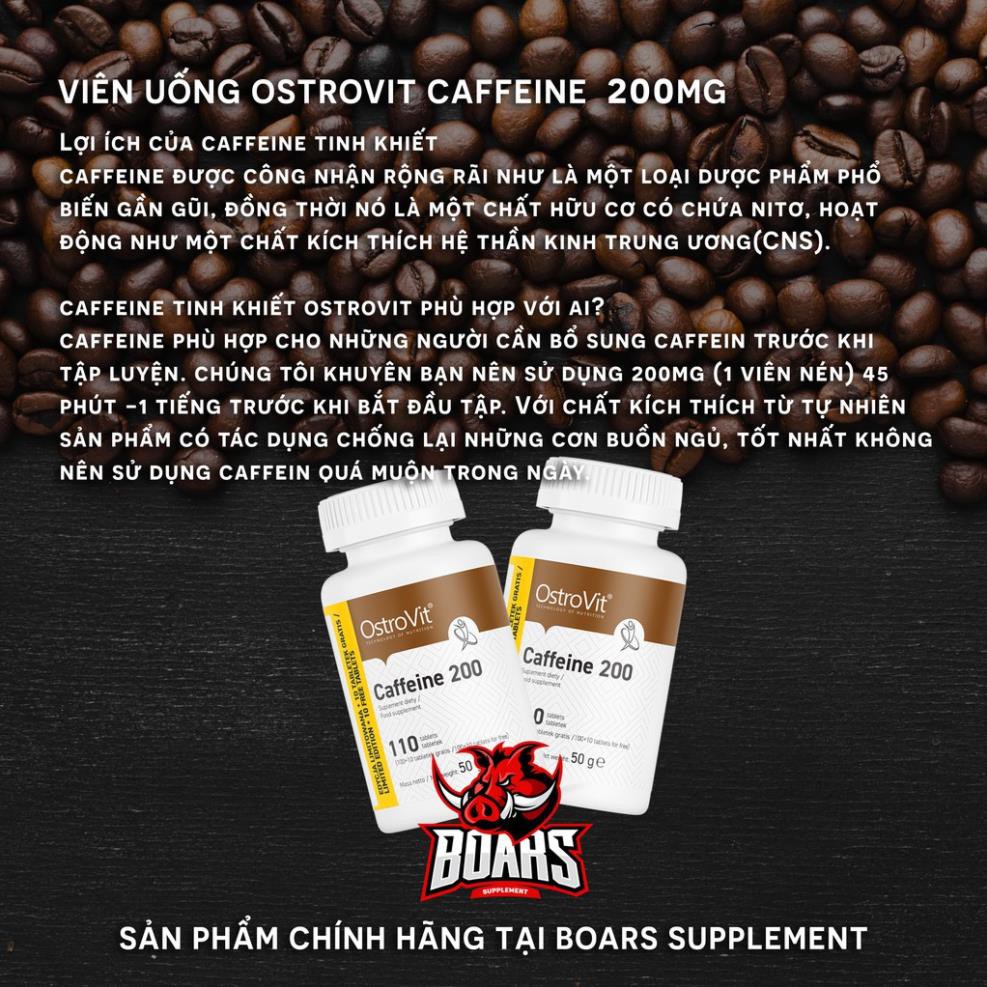 Viên uống Ostrovit Caffeine giúp tỉnh táo, tập trung trong tập luyện, 1 viên chứa 200mg caffeine