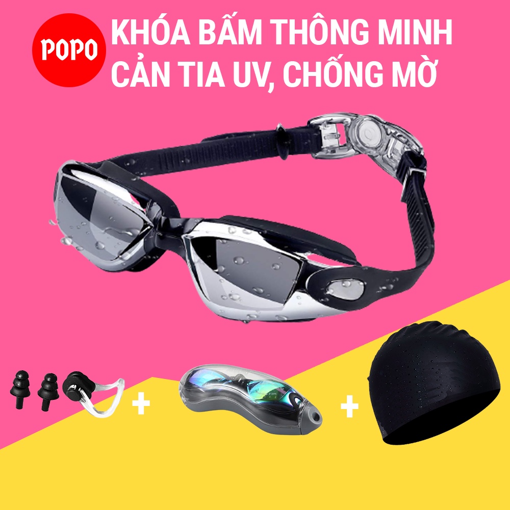 Kính bơi người lớn, kính bơi tráng gương kèm mũ bơi và bịt tai kẹp mũi POPO Set2360 Mắt kiếng bơi cản tia UV