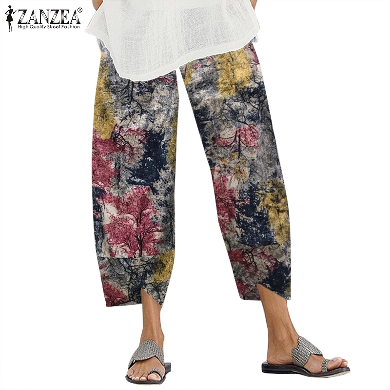 Quần dài ZANZEA dáng rộng in họa tiết phối túi đơn giản dành cho nữ