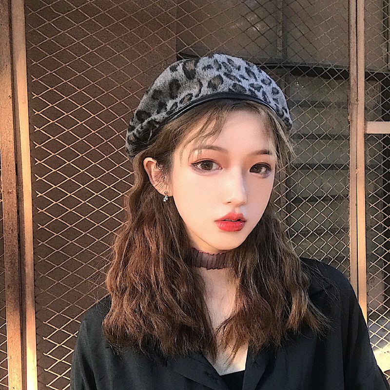 Mũ Beret Lông Thỏ Họa Tiết Da Báo Thời Trang Thu Đông Dành Cho Nữ
