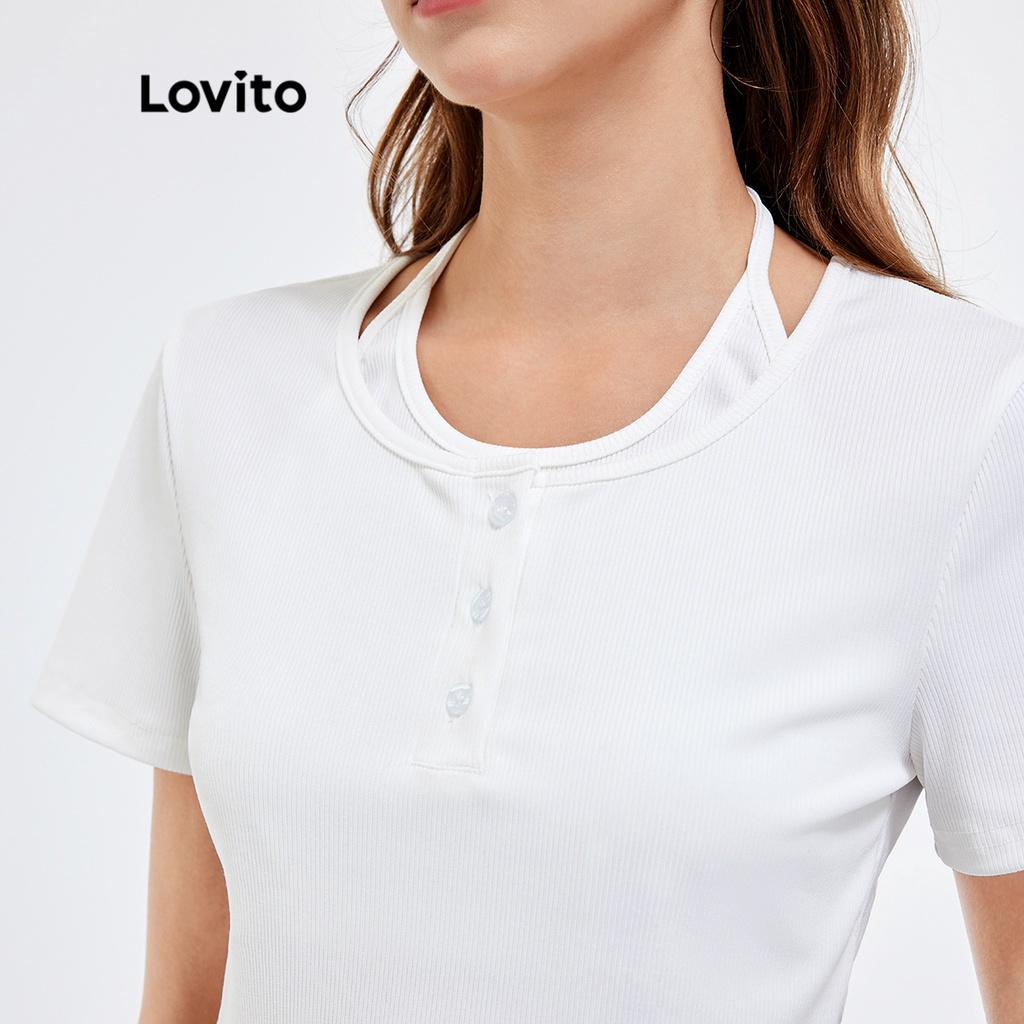 Áo thun Lovito cổ bẻ cài dây kéo vải kết cấu phong cách thường ngày L25AD006 (màu trắng)