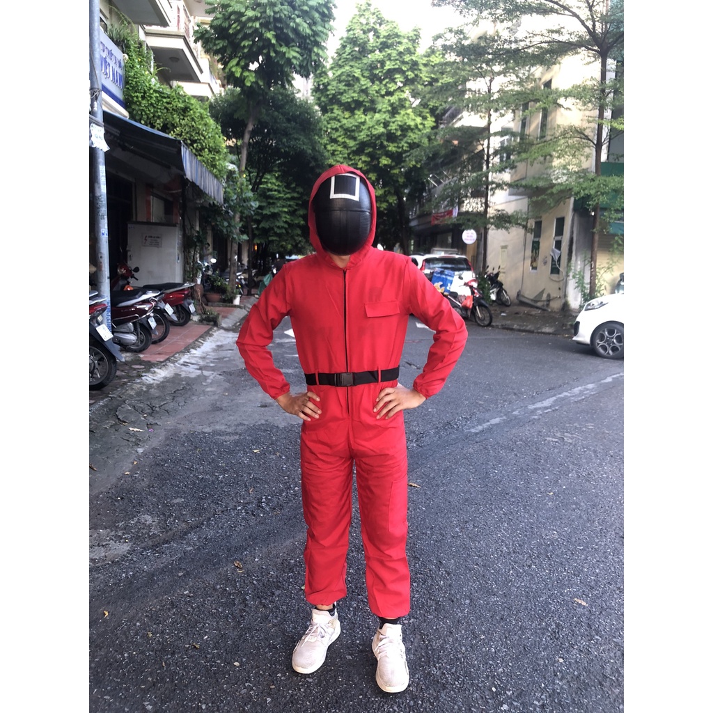 Bộ quần áo kèm mặt nạ hóa trang trong phim Trò chơi con mực Squid Game chơi lễ hội halloween cho trẻ em và người lớn