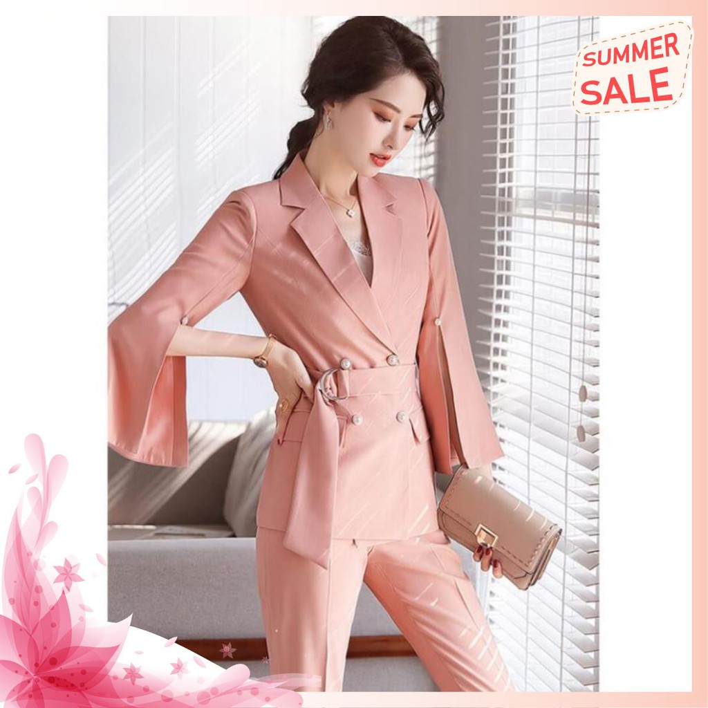 Bộ Vest Tay Xẻ Thắt Eo Cao Cấp - Set Vest Kaki Lụa Công Sở Sang Trọng Cho Nàng Doanh Nhân