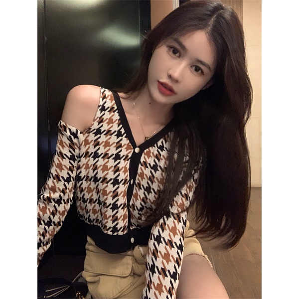 Áo Cardigan Dệt Kim Tay Dài Hở Vai Thiết Kế Mới 2021 Dành Cho Nữ