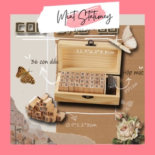 Hộp 36 Con Dấu Gỗ Khắc Chữ Cái Và Số Kiểu Cố Điển + Hộp Mực Dùng Trang Trí Sổ Tay, Nhật Ký