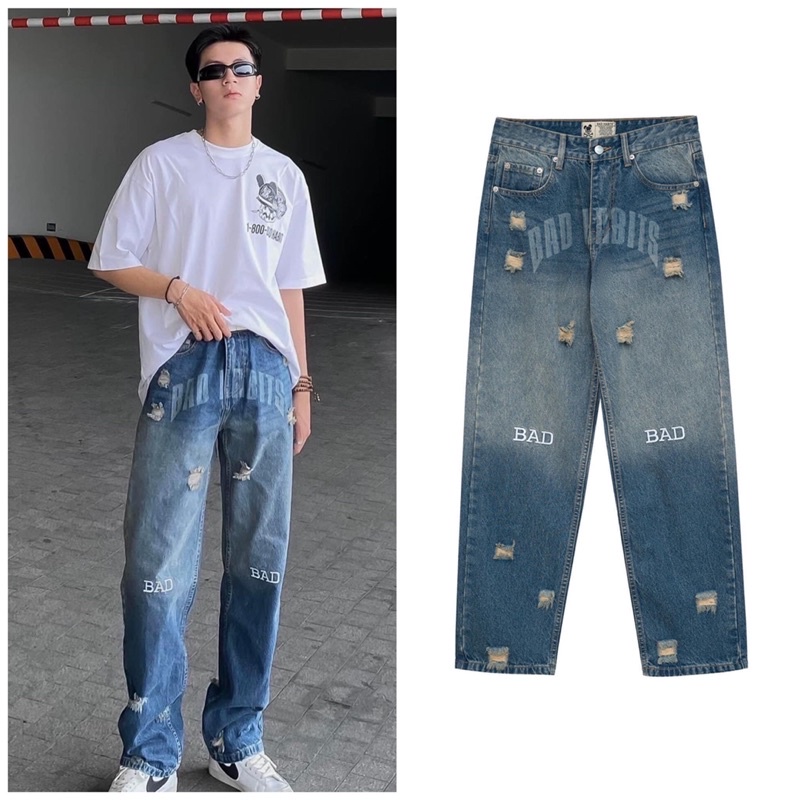 Quần jean ống suông nam nữ,thiết kế rách và in mã 826